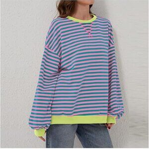 TikTok Viral Lookalike Oversized Striped Sweatshirt Pink Blue Green Size XL